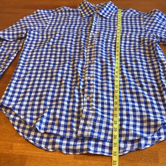 J. McLaughlin Mens Size L Blue White Check Gingham Plaid Button Up Linen Shirt - Picture 12 of 13
